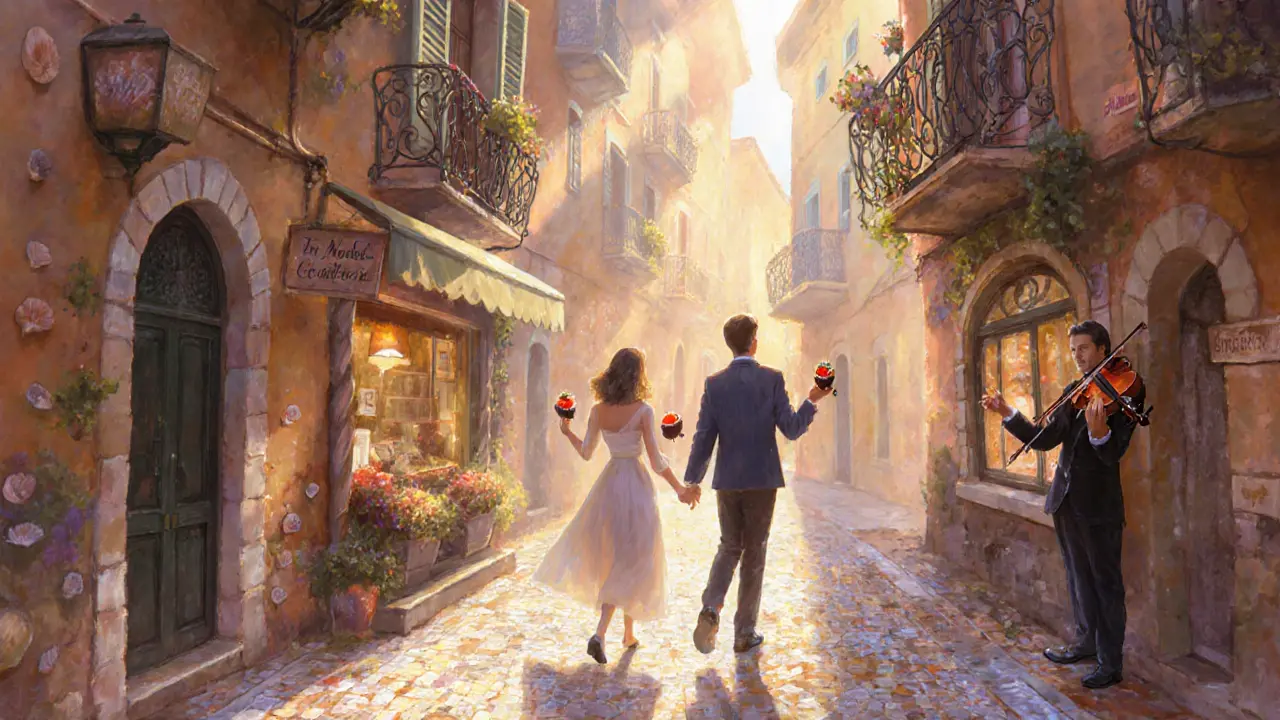 A couple walks hand-in-hand through the whimsical, mosaic-filled Quartiere Coppedè with golden afternoon light.