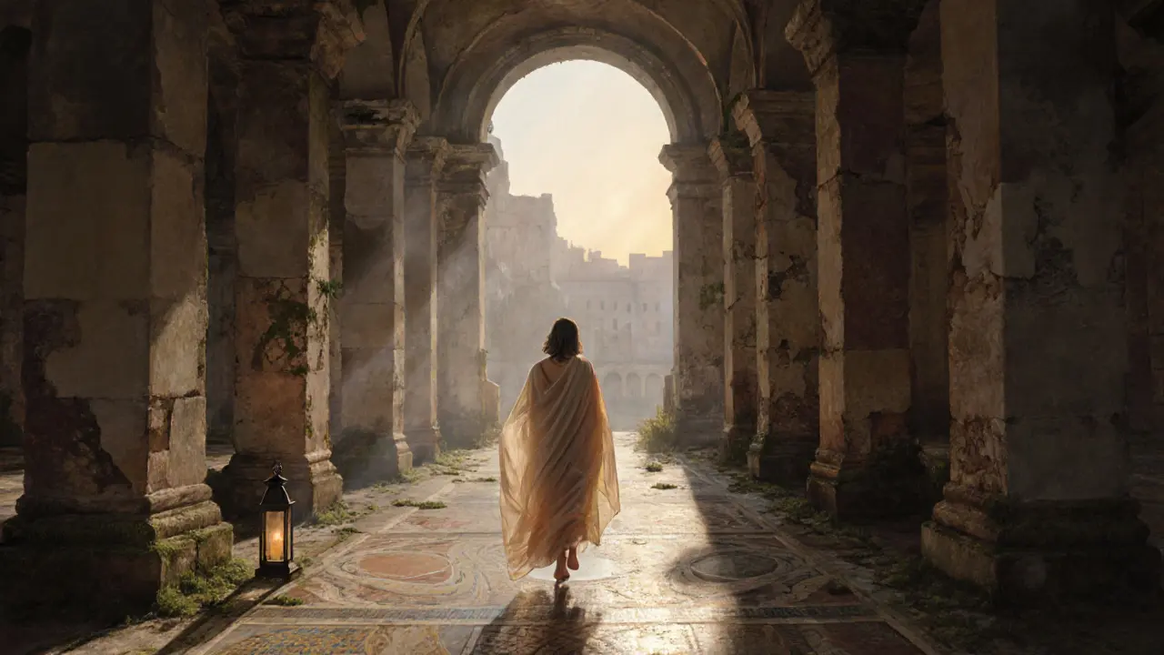 A figure in a silk shawl walks through ancient Roman baths at dawn, surrounded by ruins and mist.