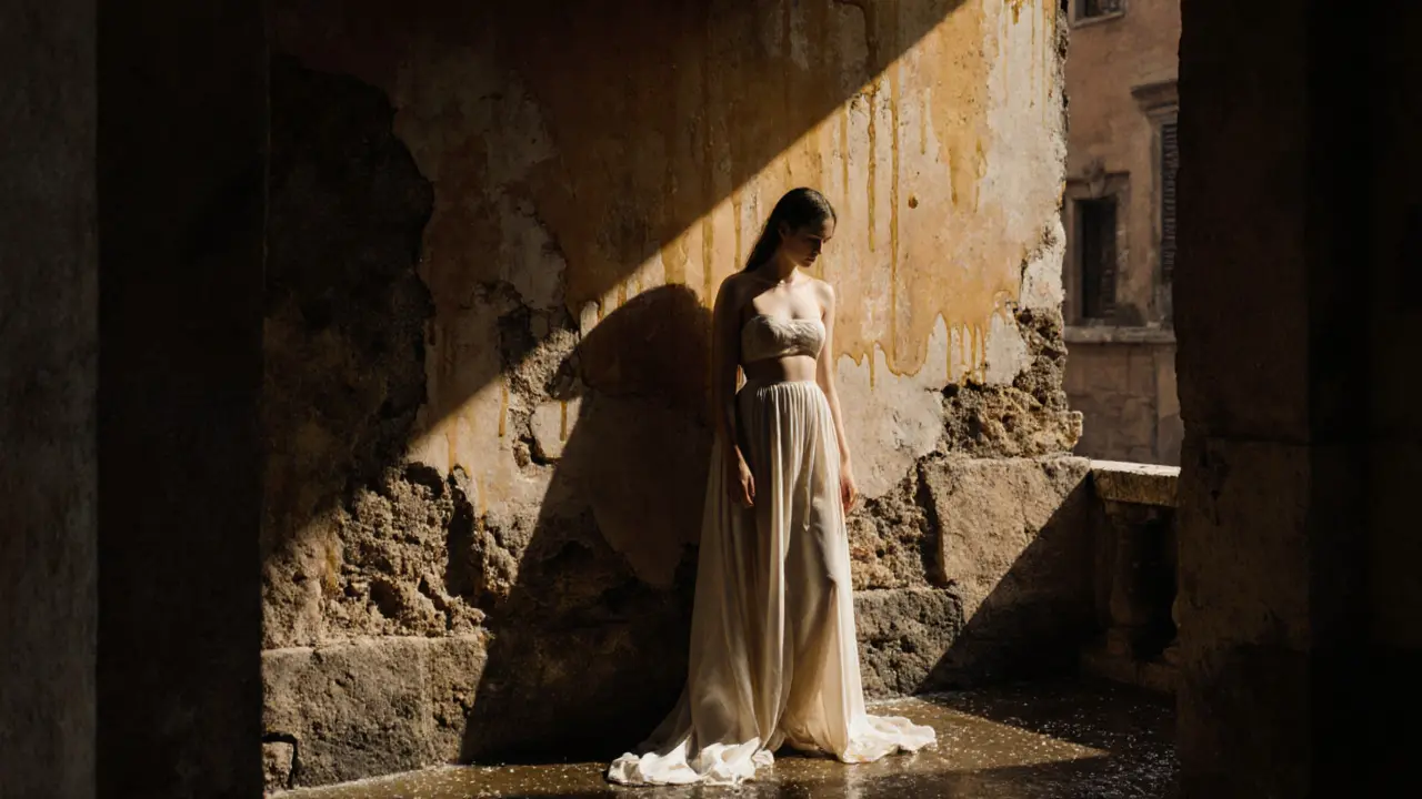 A figure stands in soft light against a weathered Roman wall, silk fabric pooling at her feet, the atmosphere rich with silence and texture.