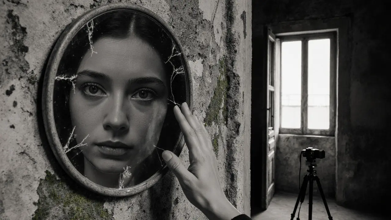 A hand touches a weathered Roman wall, reflected in a cracked mirror showing only calm eyes, a camera abandoned nearby.