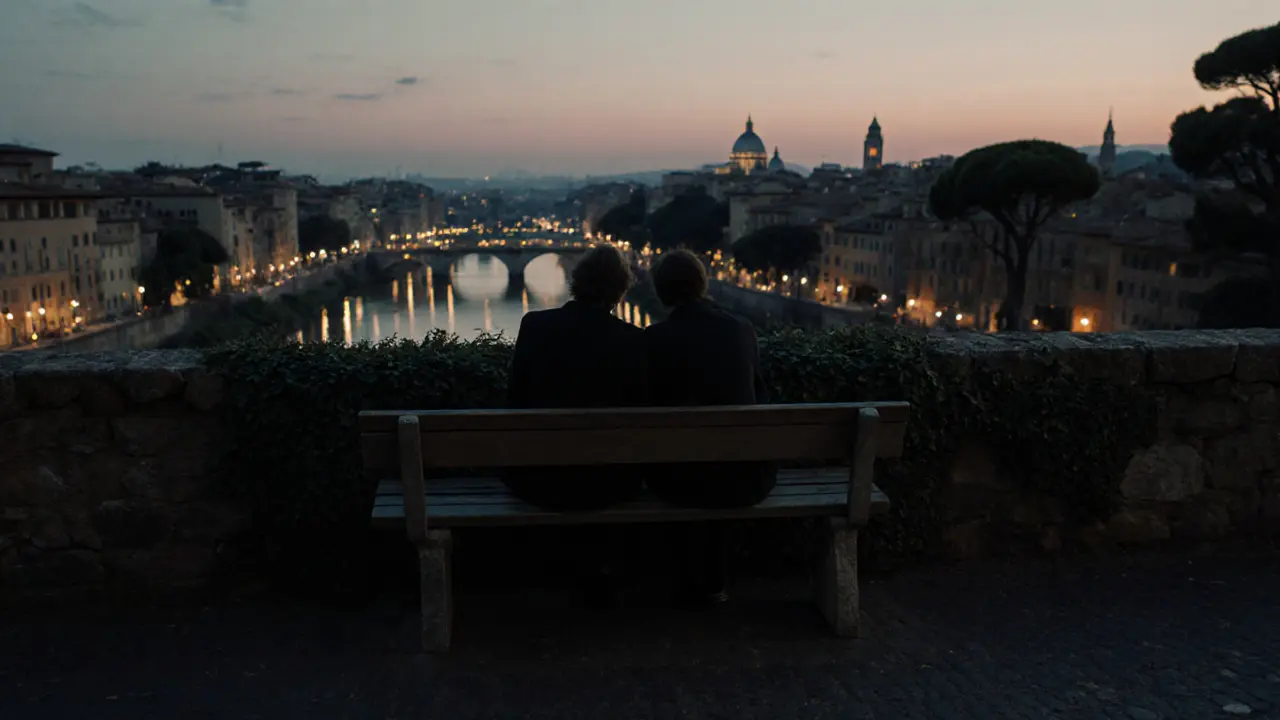 A hidden bench behind ivy on Janiculum Hill at dusk, two people sitting silently as city lights reflect on the river.