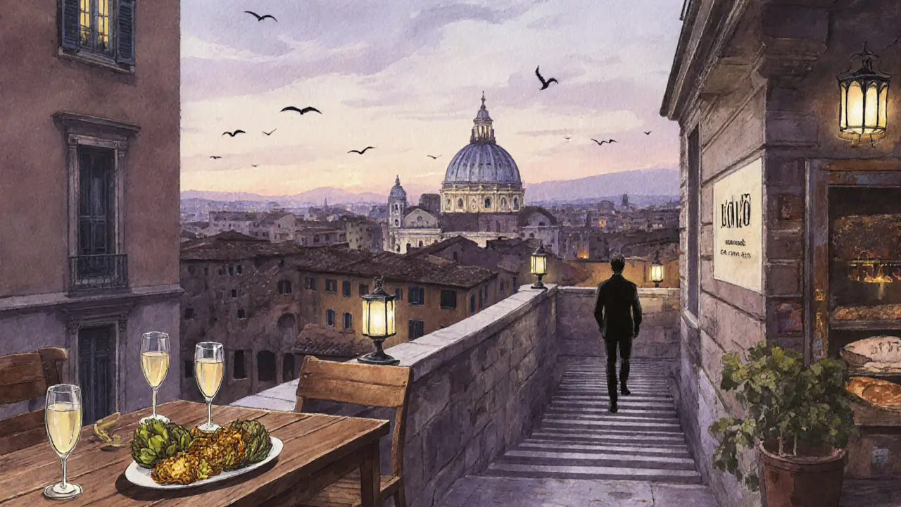 A hidden rooftop terrace with a view of the Pantheon, Prosecco glasses, and no signs or crowds.