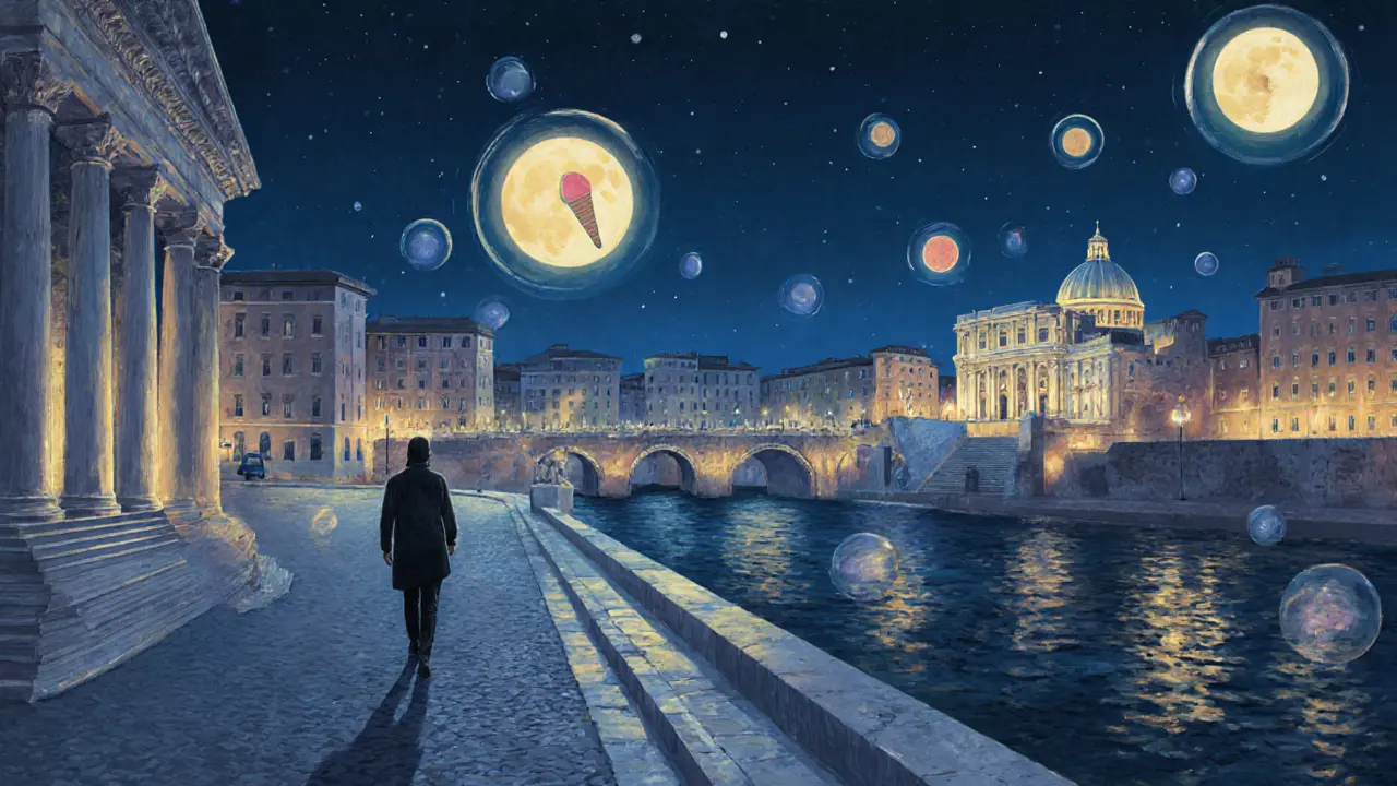 A lone walker passing illuminated Roman landmarks under the stars on a quiet midnight stroll.