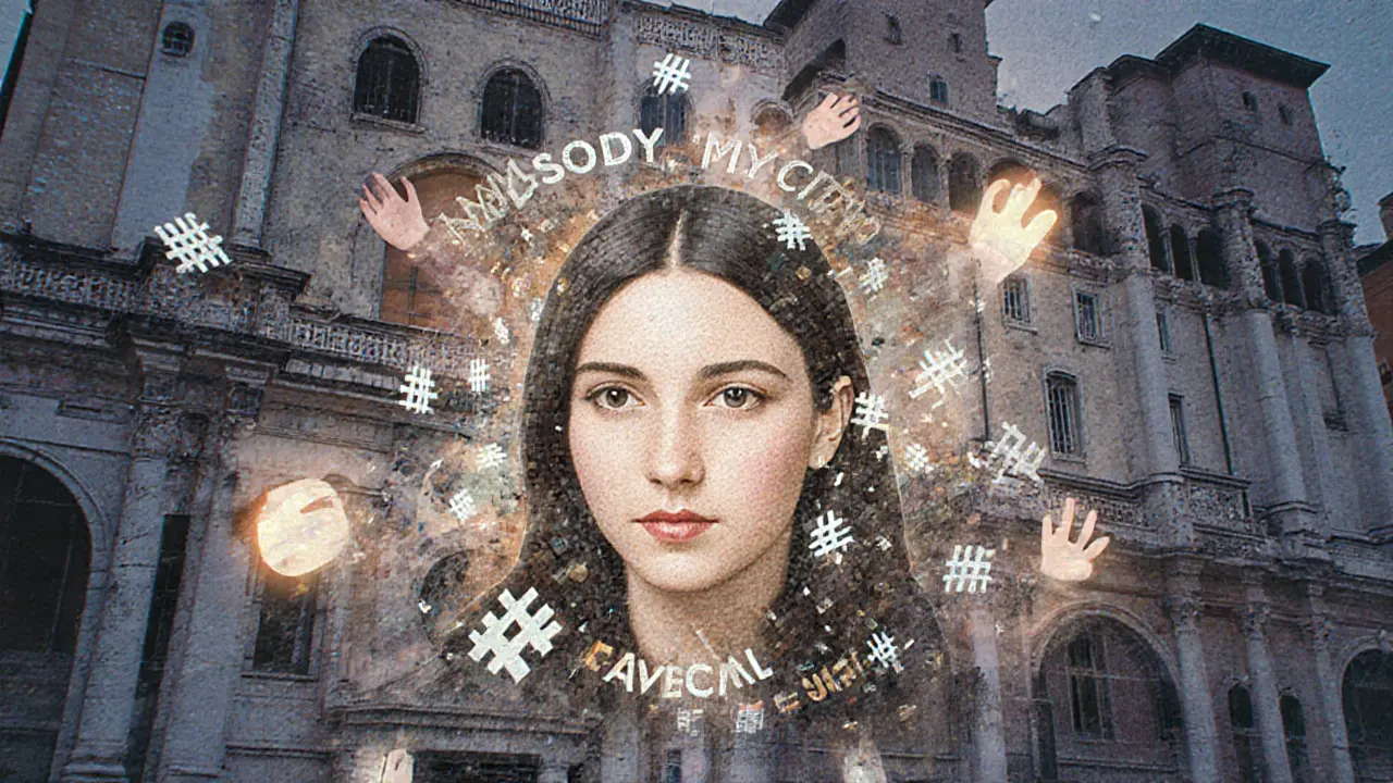 A mosaic of Rome’s hidden places forming Silvia’s face, with film reels and music notes symbolizing her artistic legacy.