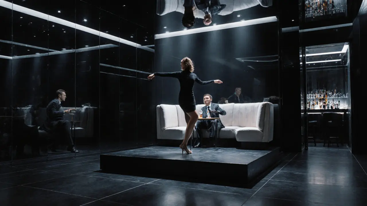 A private dance in a modern, minimalist club in EUR, with a dancer and guest seated in a plush booth under soft lighting.