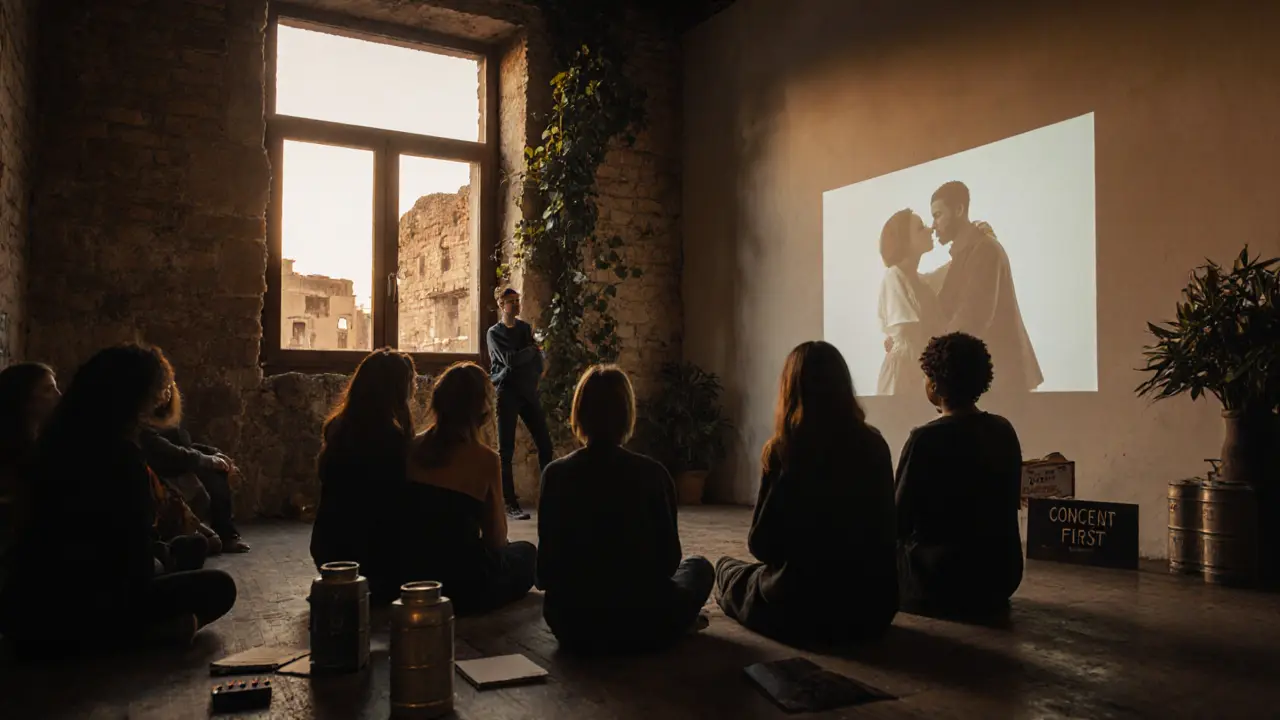 A quiet film screening at Valentina Nappi Studio, diverse group watching an intimate scene on a projected film.