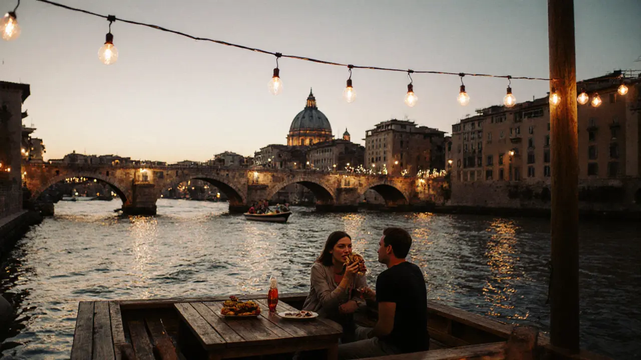 A quiet floating bar on the Tiber at dawn with soft lights and a river view.