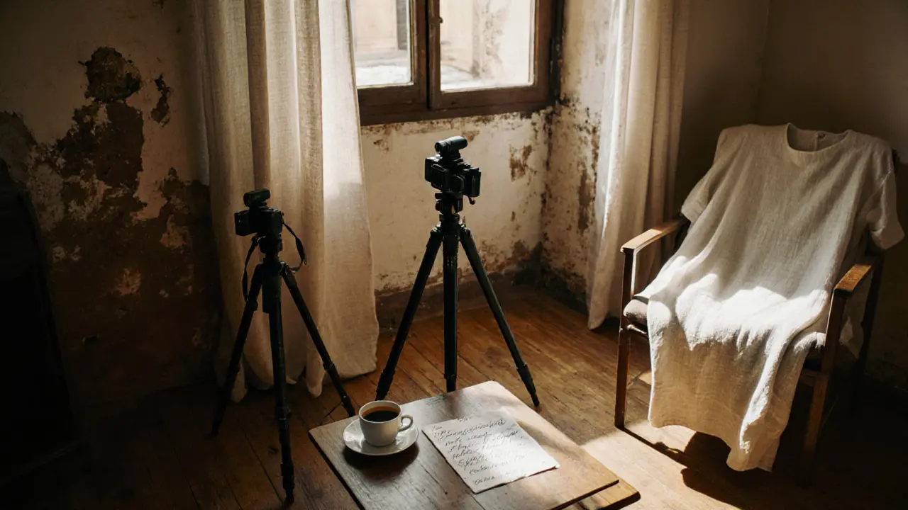 A quiet Roman apartment with film cameras and an espresso cup, morning light streaming through curtains.