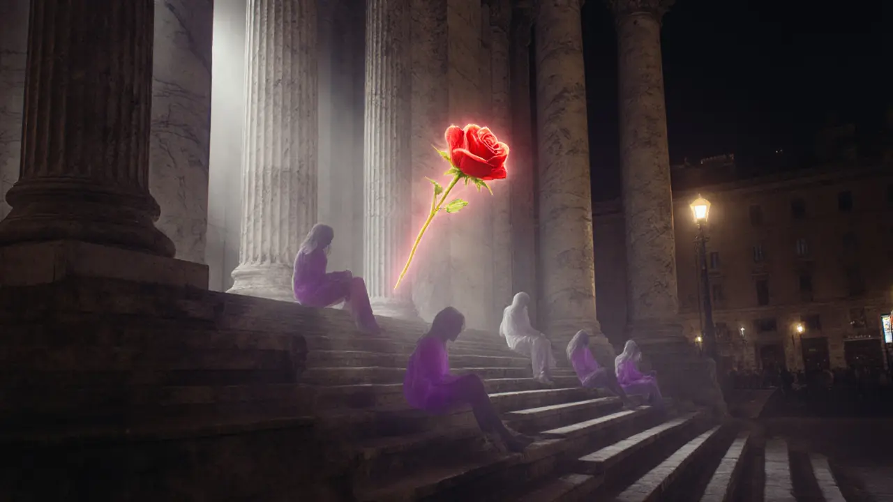 A red rose floating above Pantheon steps at night, surrounded by translucent silhouettes of silent observers.