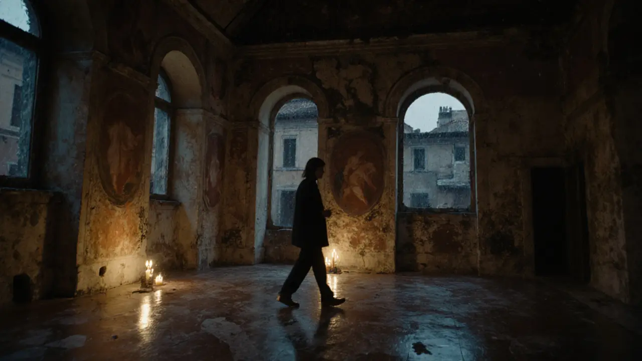 A silent, candlelit Roman villa interior with rain on windows and shadowy figures moving through marble halls.