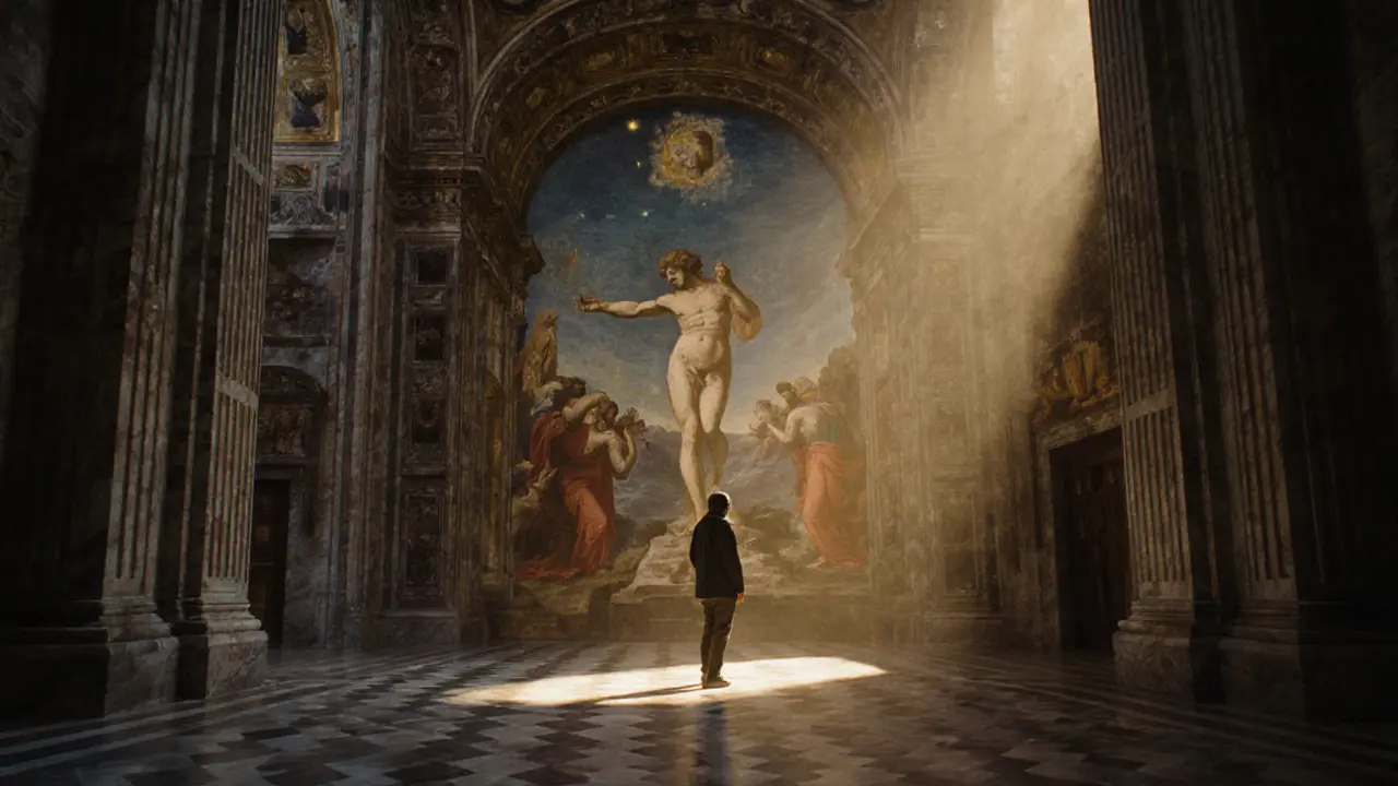 A solitary figure stands beneath Michelangelo&#039;s Sistine Chapel ceiling in quiet evening light.