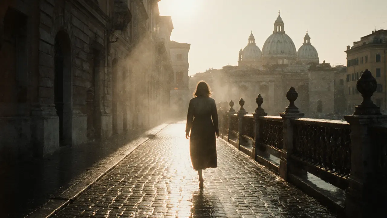 A solitary figure walks barefoot through a rain-drenched Roman street at dawn, mist rising around ancient stones.