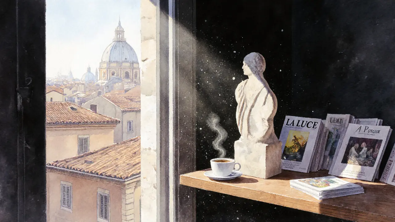 A travertine sculpture of a woman&#039;s silhouette rests on a shelf beside a steaming espresso and handmade zines in a sunlit gallery.