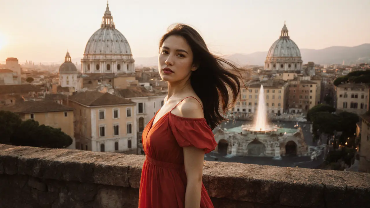 A woman in a red dress on Janiculum Hill at sunset, Rome glowing behind her.