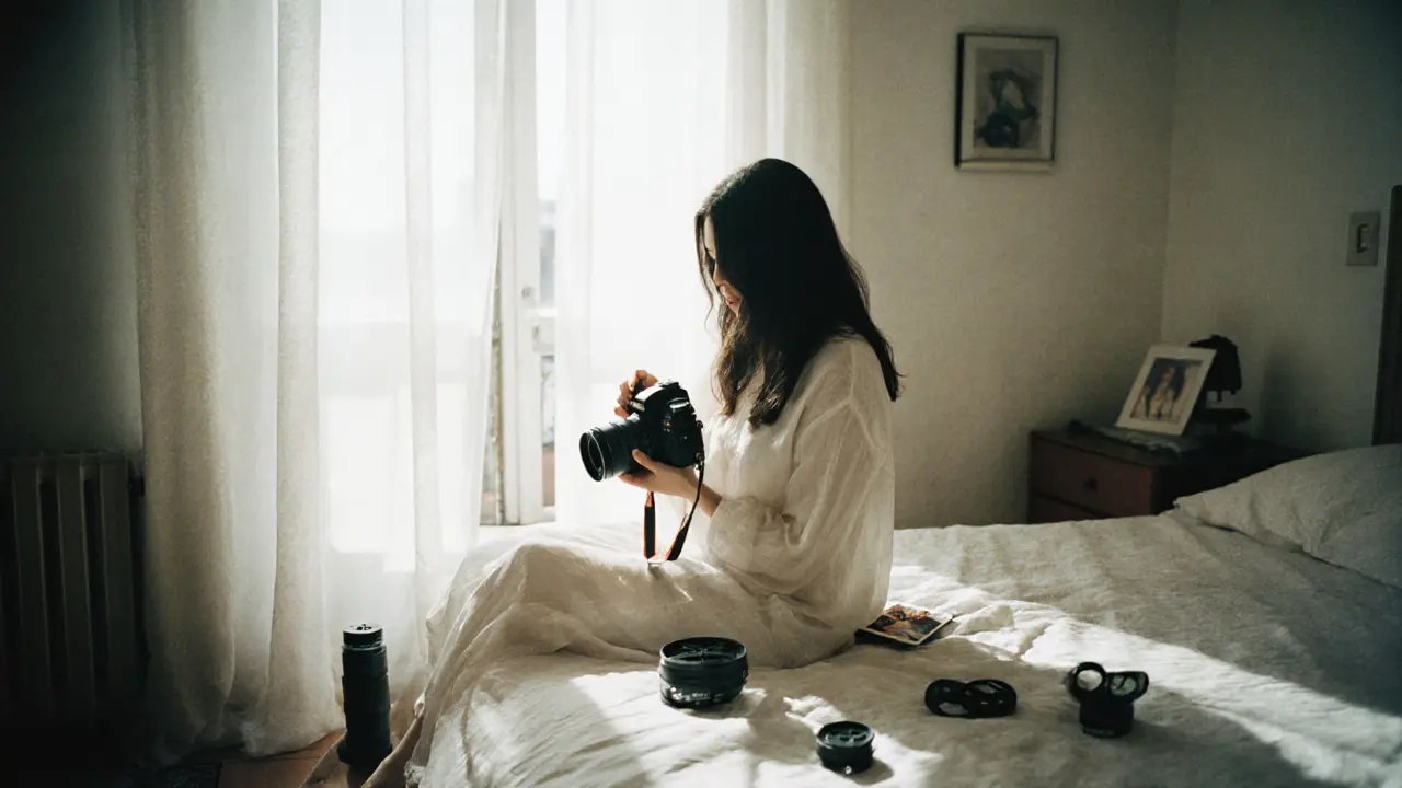 A woman in a simple Roman apartment holding a camera, natural light, film reels nearby.