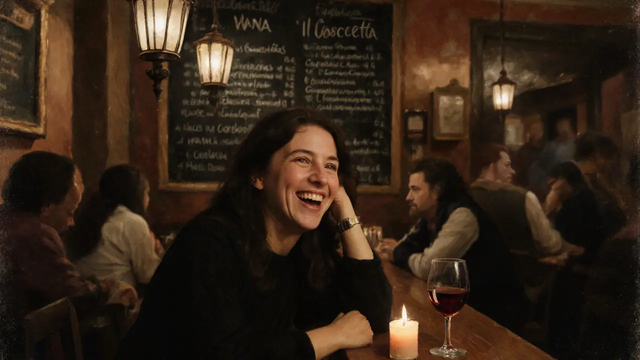 A woman laughs in a cozy wine bar, candlelight reflecting off wooden tables and handwritten chalkboard menus.
