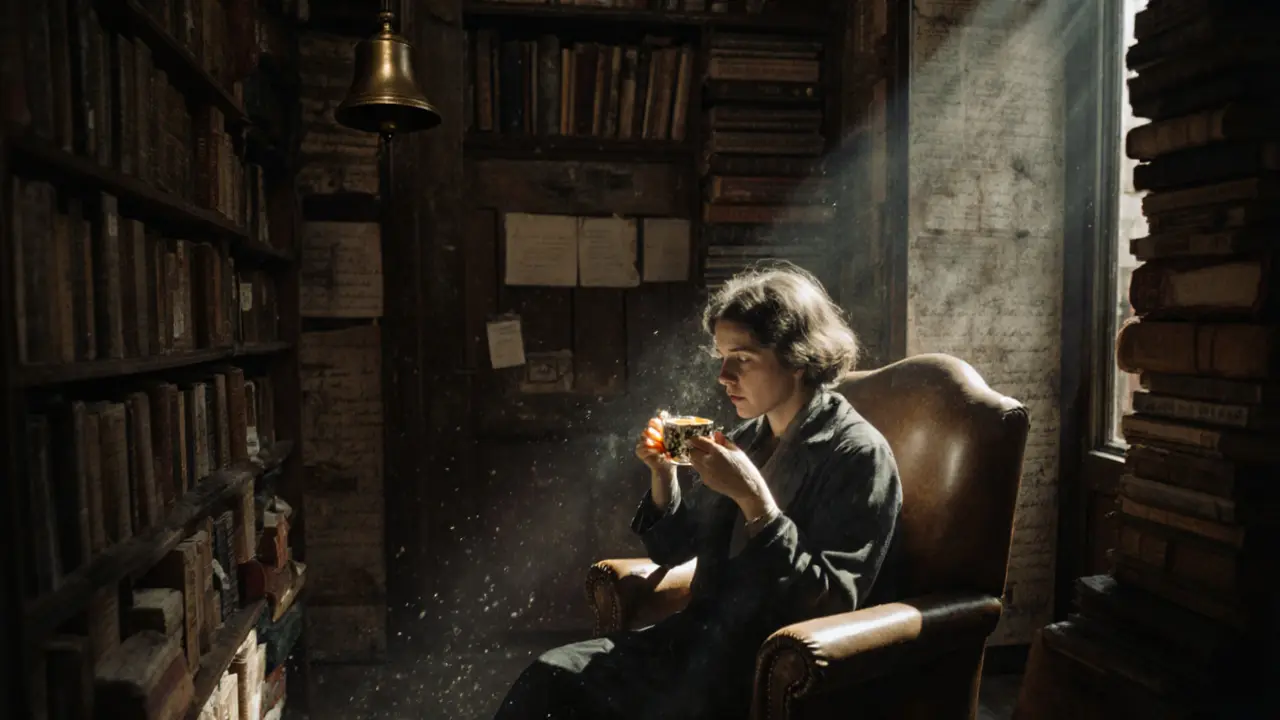 A woman reads old journals in a quiet, book-filled shop in Rome&#039;s historic district.