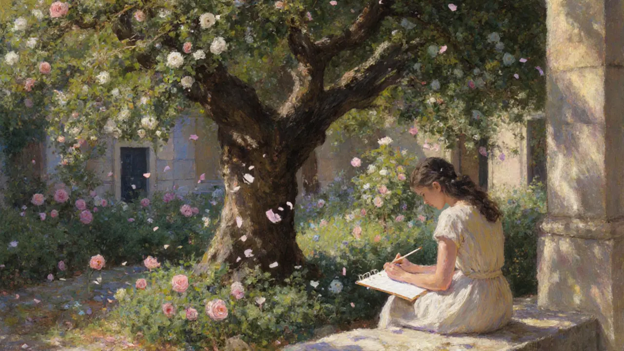 A woman sketches an ancient fig tree in a secret garden overgrown with wild roses.