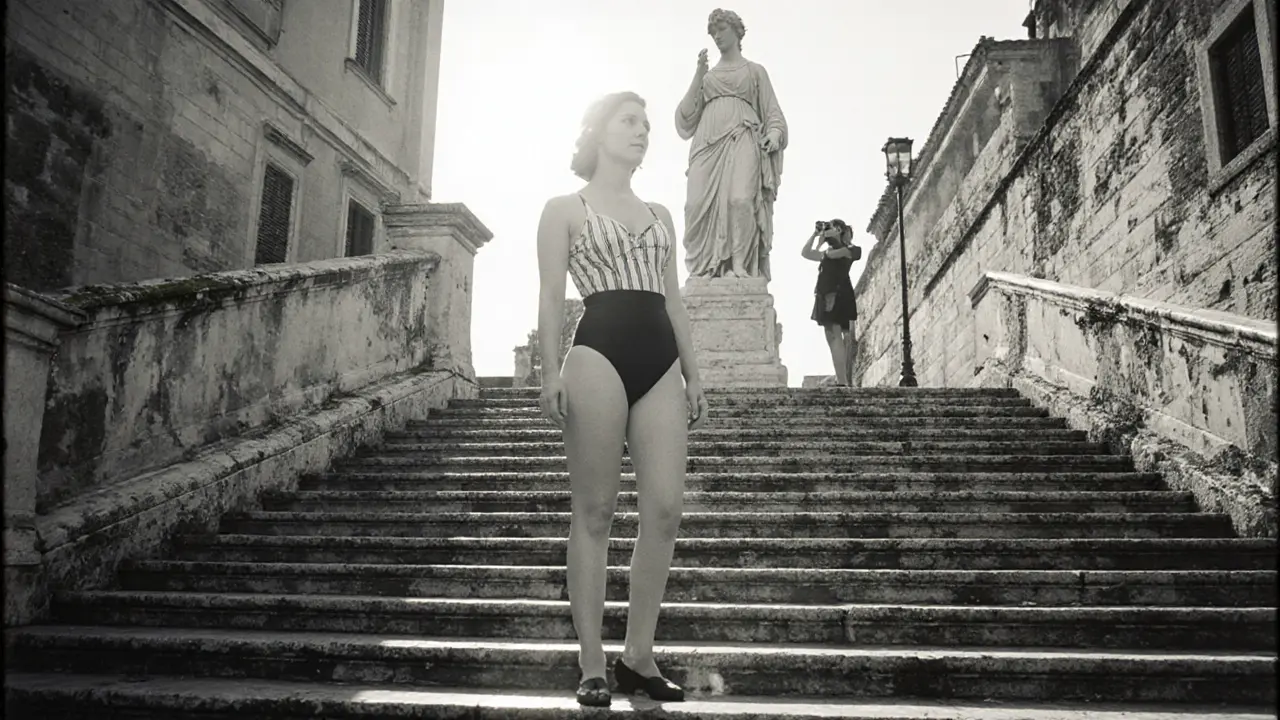 A woman stands calmly on the Spanish Steps in a vintage swimsuit beside a statue, dawn light casting long shadows.