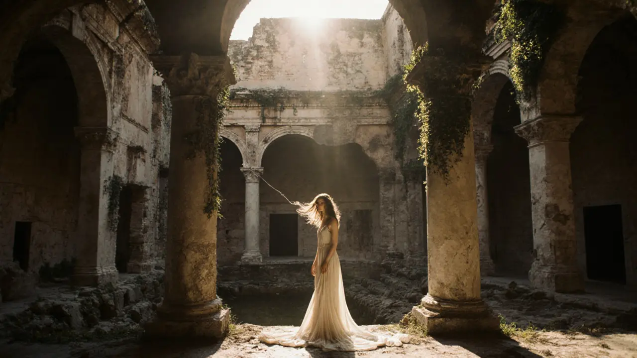 A woman stands in the ruins of the Baths of Caracalla at sunrise, olive oil glinting on her skin amid crumbling marble and ivy.