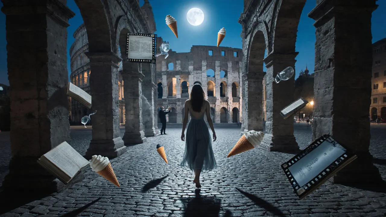 A woman walks barefoot through a surreal Rome where gelato, books, and wine glasses float among ancient ruins under moonlight.