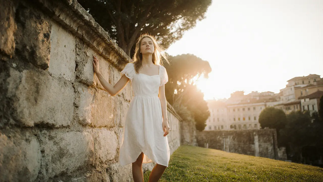 A young woman stands quietly against stone walls at Villa Borghese, bathed in golden sunset light.
