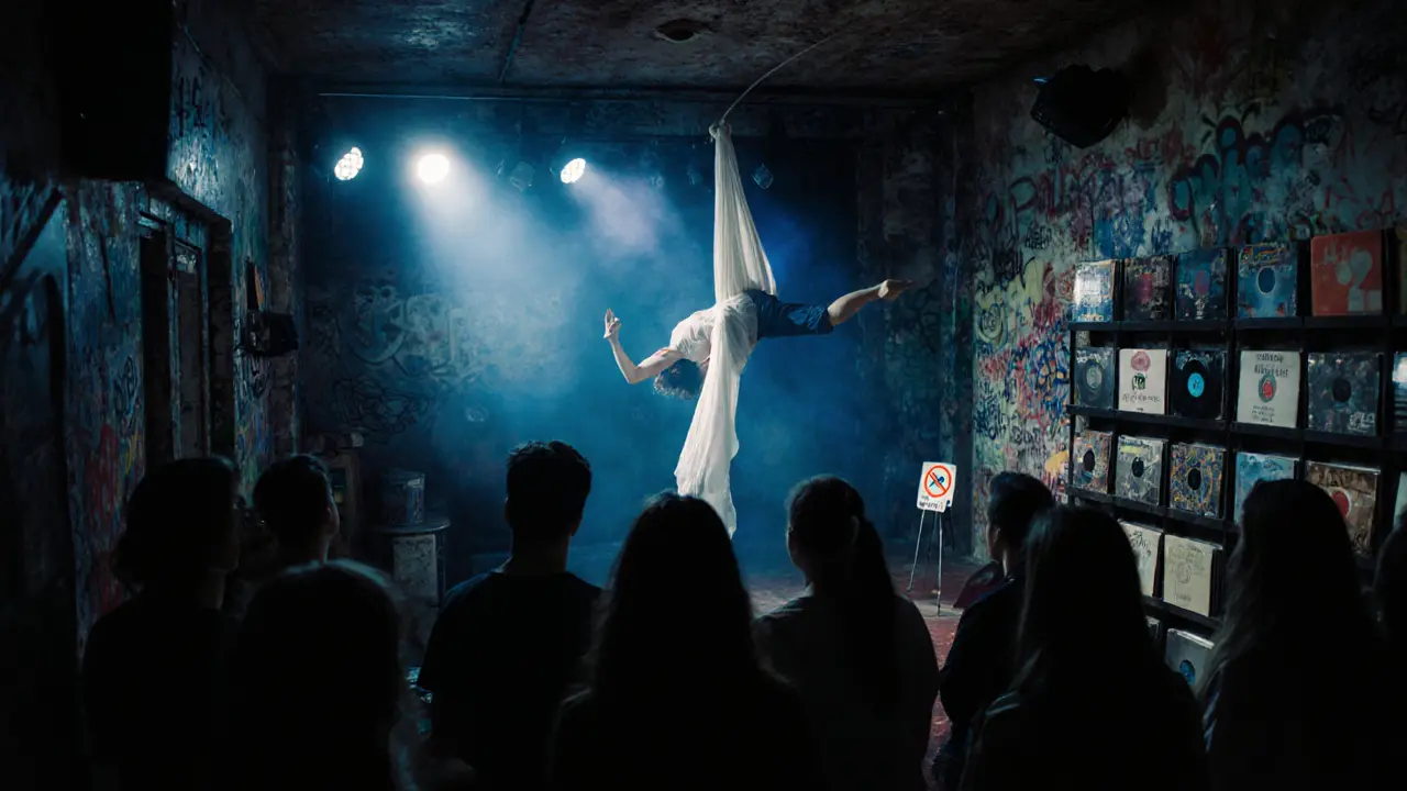 An aerial dancer performing in an underground lounge above a record store, with a quiet, respectful audience in San Lorenzo.