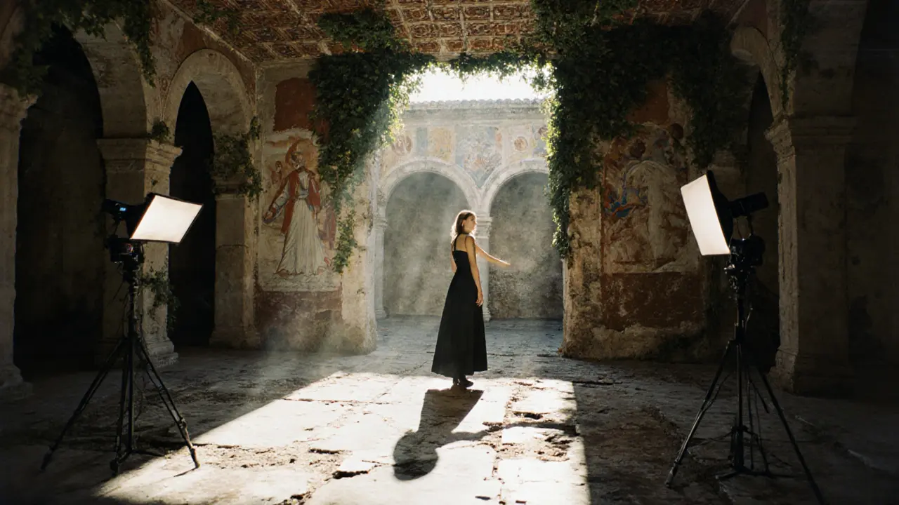 An ancient Roman courtyard used as a film set, sunlight streaming through ruins as Lisa Ann touches a weathered stone wall.