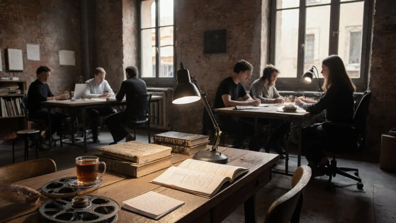An artist&#039;s studio in Rome filled with film reels, books, and handwritten notes, staff working quietly in soft sunlight.