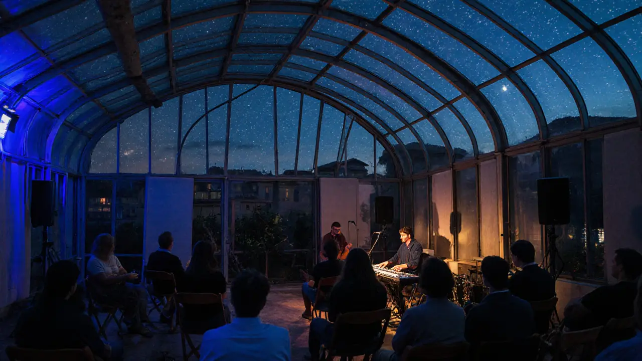 An intimate greenhouse venue with live experimental music under a starry sky.