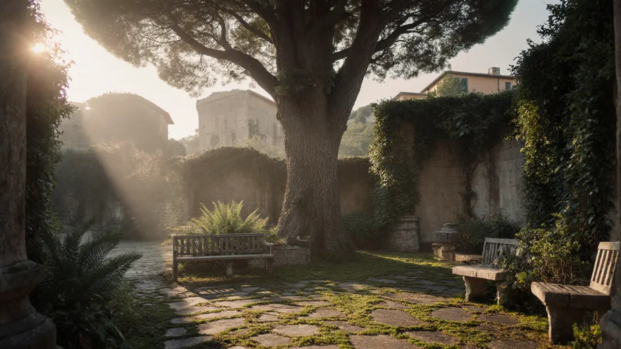 Ancient cedar tree in Rome&#039;s botanical garden, dappled sunlight filtering through fig leaves at dawn.