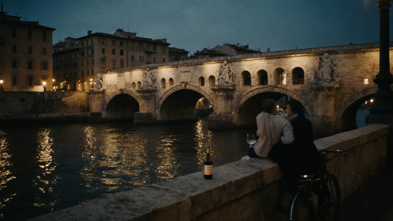 Angels on Ponte Sant&#039;Angelo glowing at night, reflected in the Tiber River under soft lantern light.