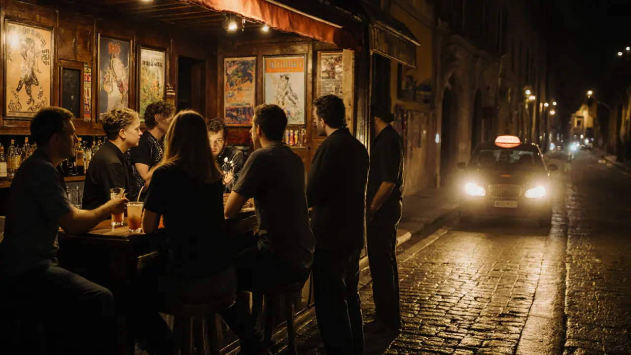 Bar in Monti transitioning to night club, patrons enjoying live music as dawn approaches.
