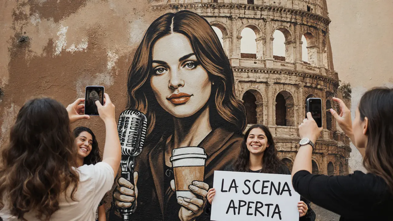Colorful mural of Silvia in front of the Colosseum, with young women gathering beneath it in Trastevere.