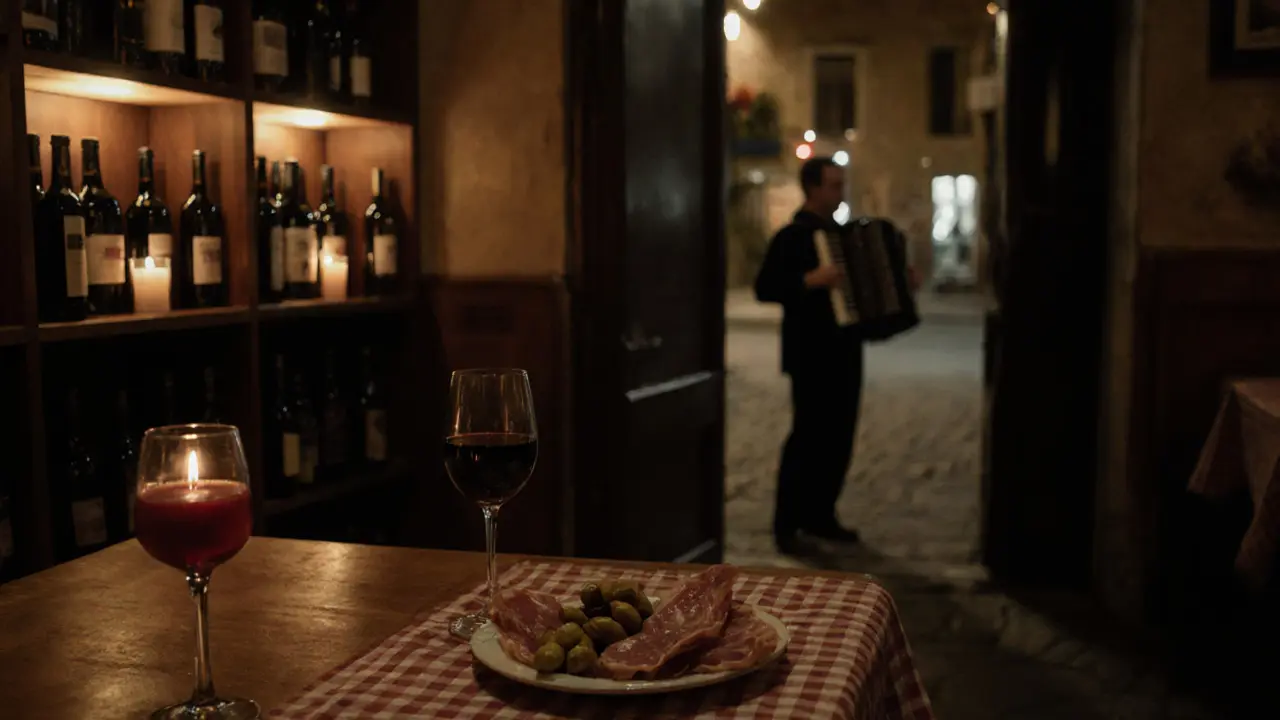 Cozy Roman wine bar with candlelight, wine glass, and cured meats on a table.