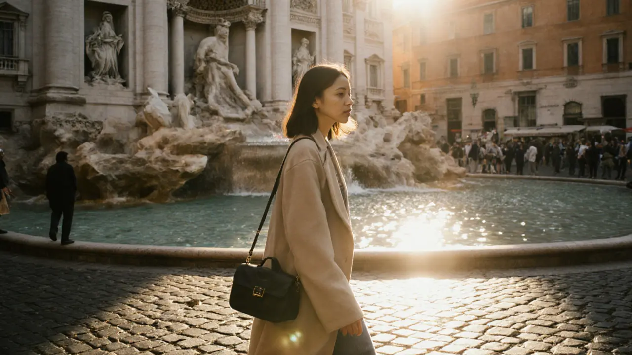 Danika Mori walking alone at sunrise beside the Trevi Fountain in Rome.