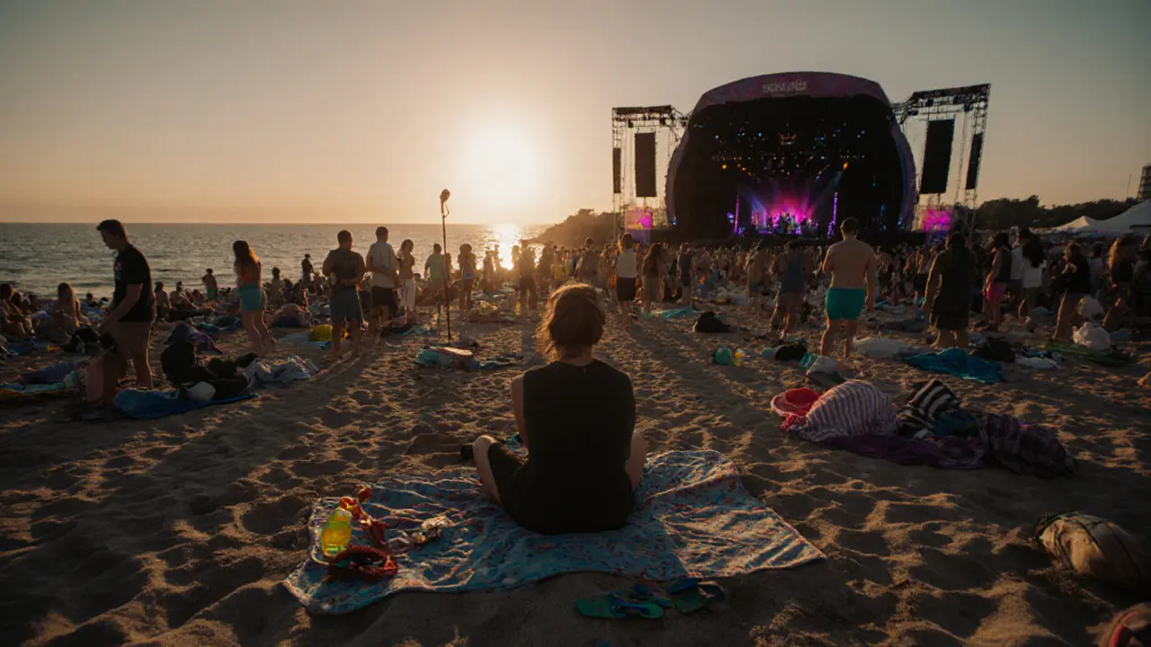 Dawn after the party: empty beach with towels and flip-flops, lone figure smiling at sunrise, fading stage glow.