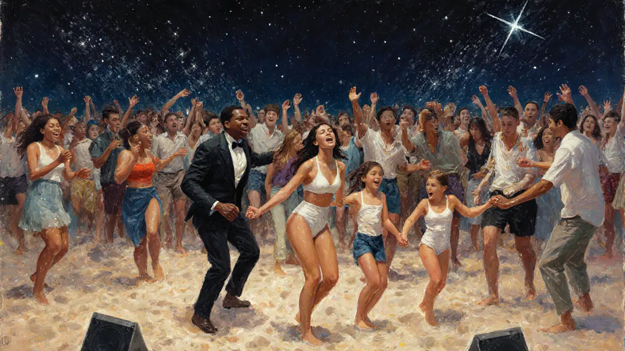 Diverse crowd moving as one under stars—child in unicorn onesie, elderly man, dancing couples, sprinklers misting the night.