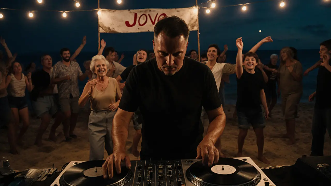 DJ playing vinyl turntables on a sandy stage as an elderly woman and her grandson dance together under string lights.