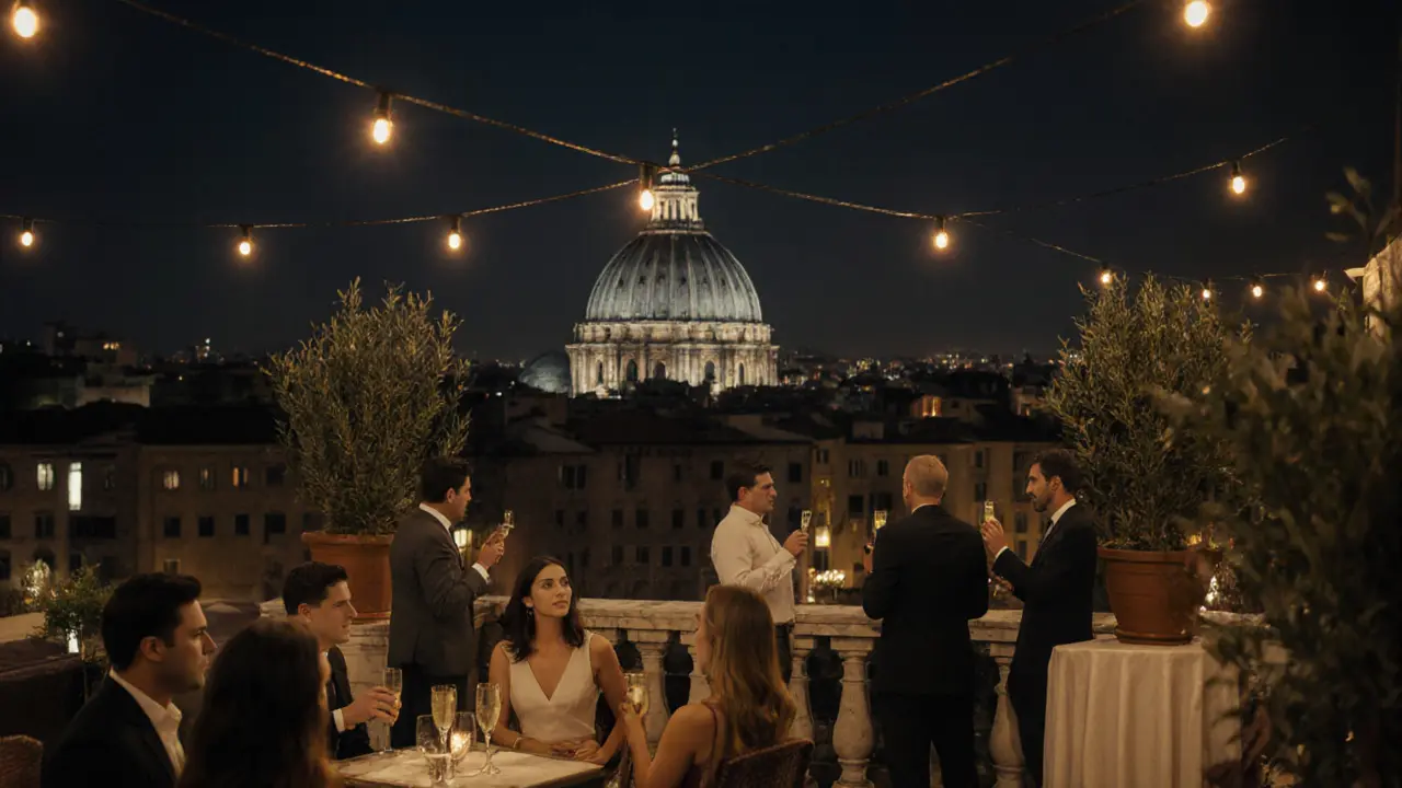 Elegant people on a rooftop terrace overlooking the glowing Pantheon at night.
