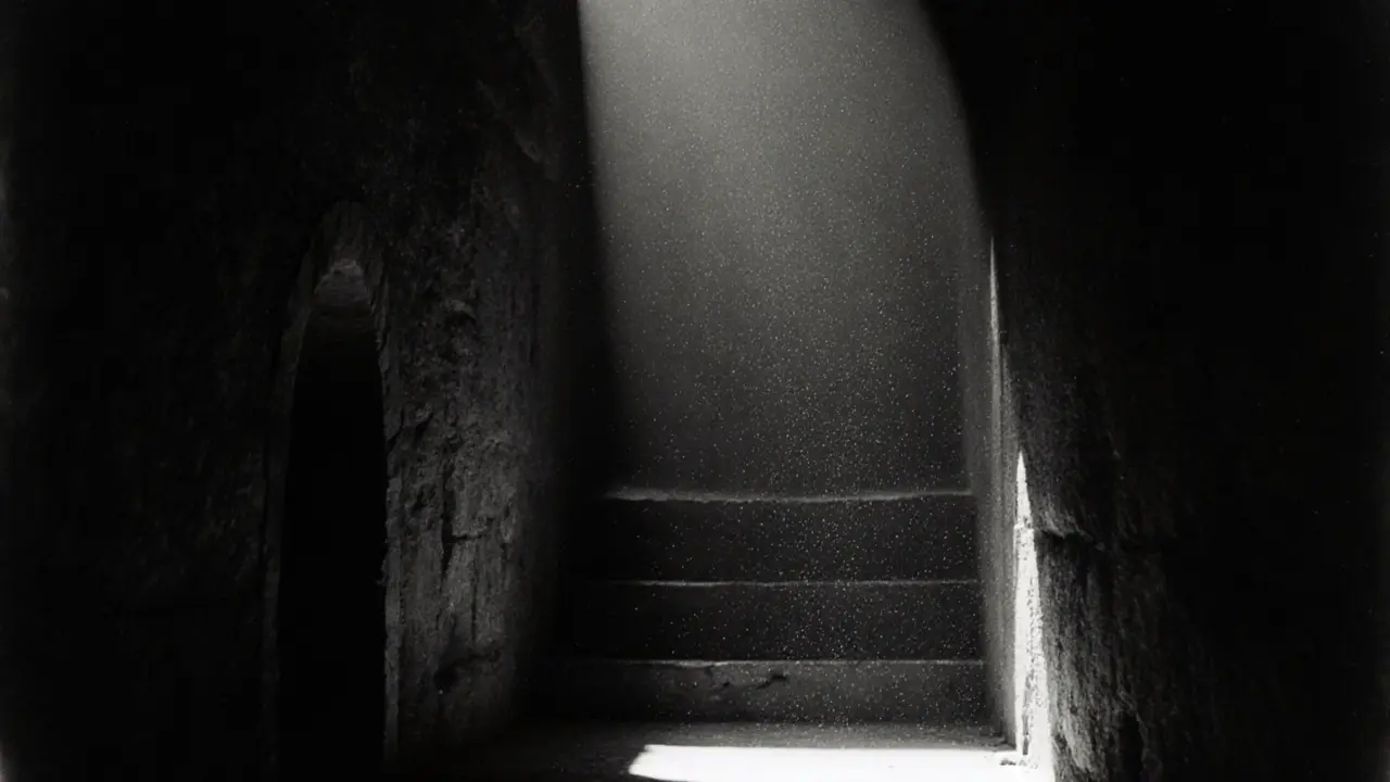 Empty crypt with shafts of light and echoing footsteps, no people visible—only shadows and stone whispering of absence.