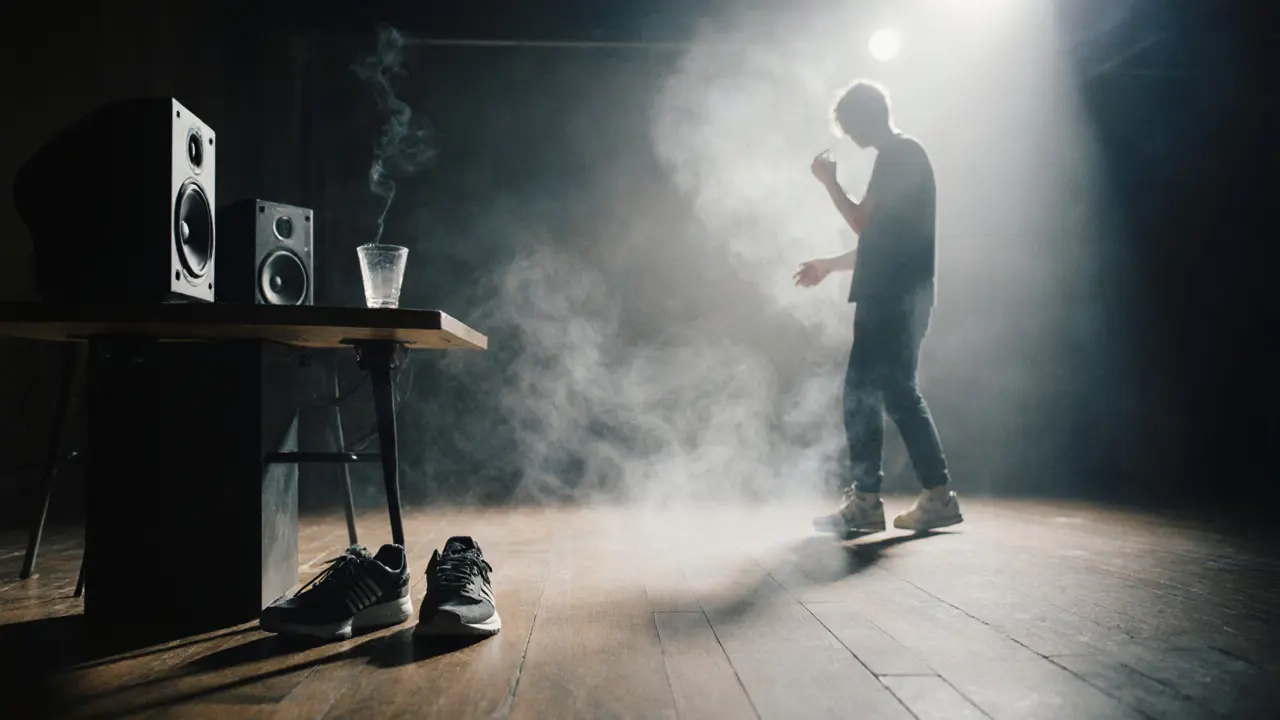 Empty dance floor at dawn, a single glass and sneakers left behind, one person standing still as the music’s echo lingers in the air.