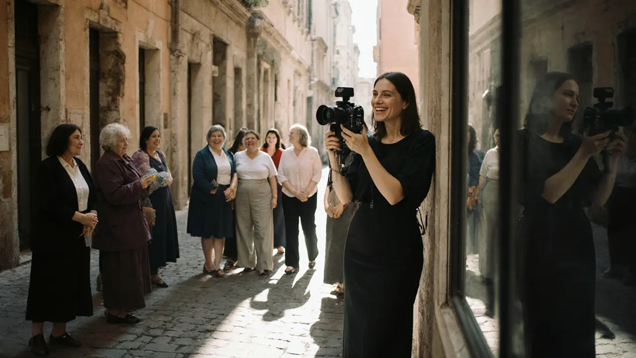 Gia Dimarco filming twelve Roman women in a courtyard, no crew, natural light, candid moments.