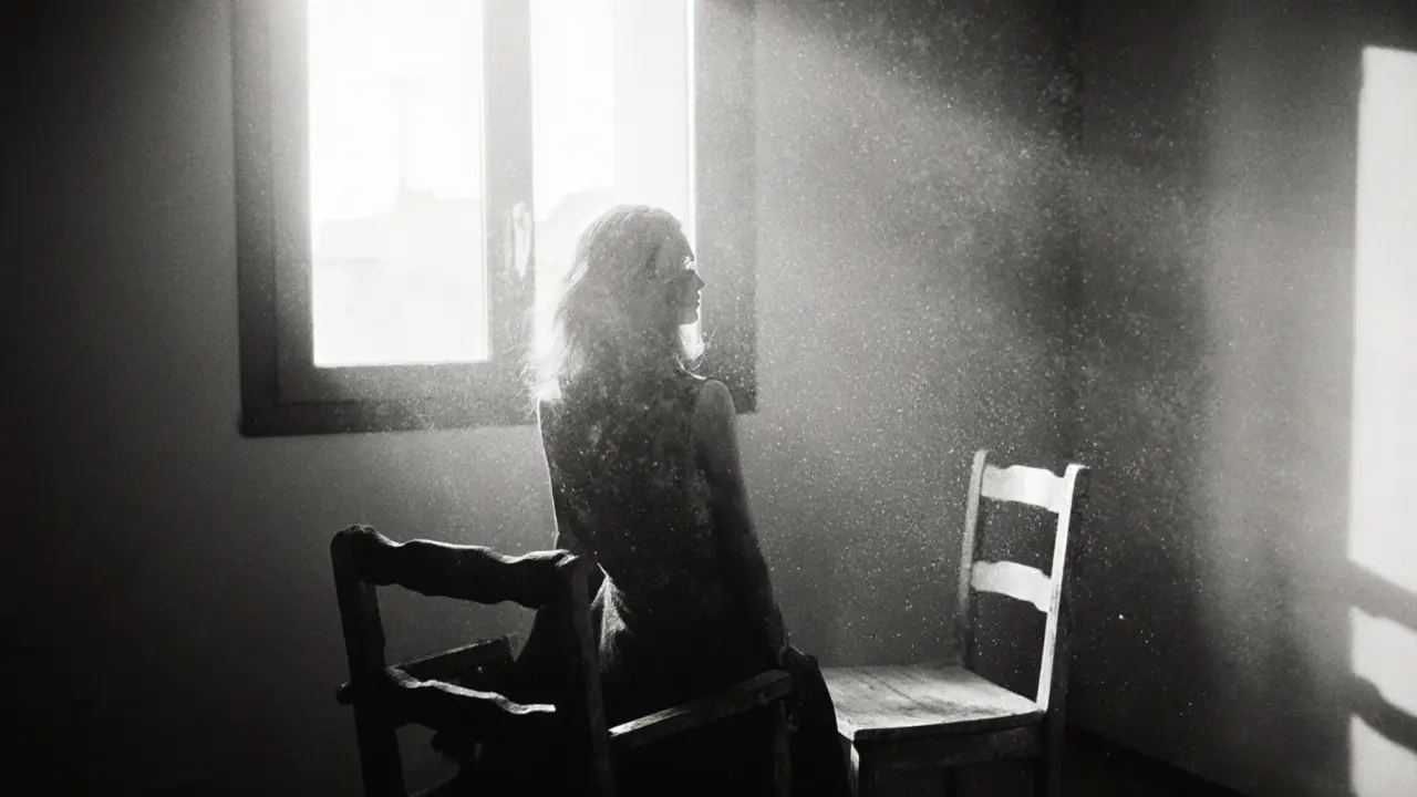 Gia Dimarco sitting silently in an empty apartment, gazing out a window with quiet sorrow.