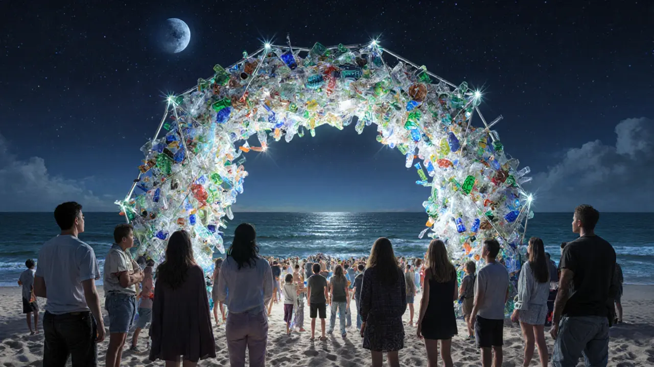 Glowing art installations made from recycled plastic on a beach, with a diverse crowd illuminated by solar-powered lights at night.