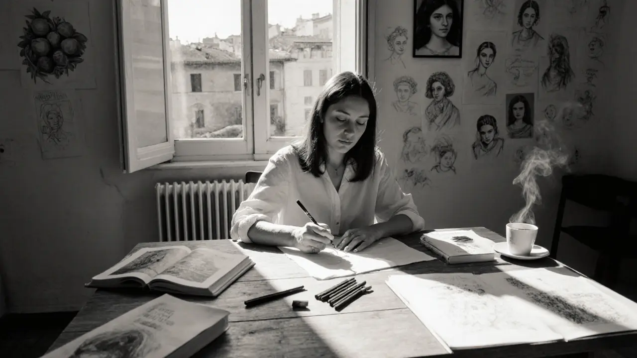 Hands sketching on parchment in a quiet apartment, surrounded by art supplies and Roman books.