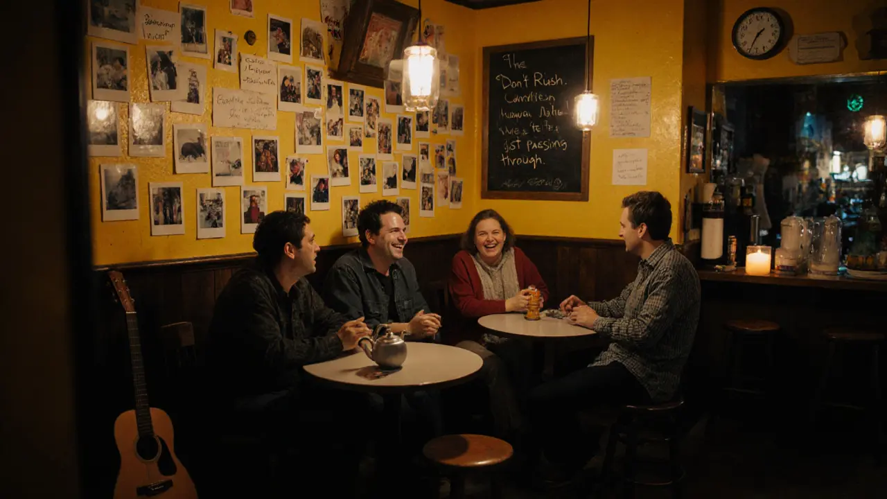 Inside Yellow Bar, patrons laugh softly under warm lights, surrounded by photos and a guitar on the wall.