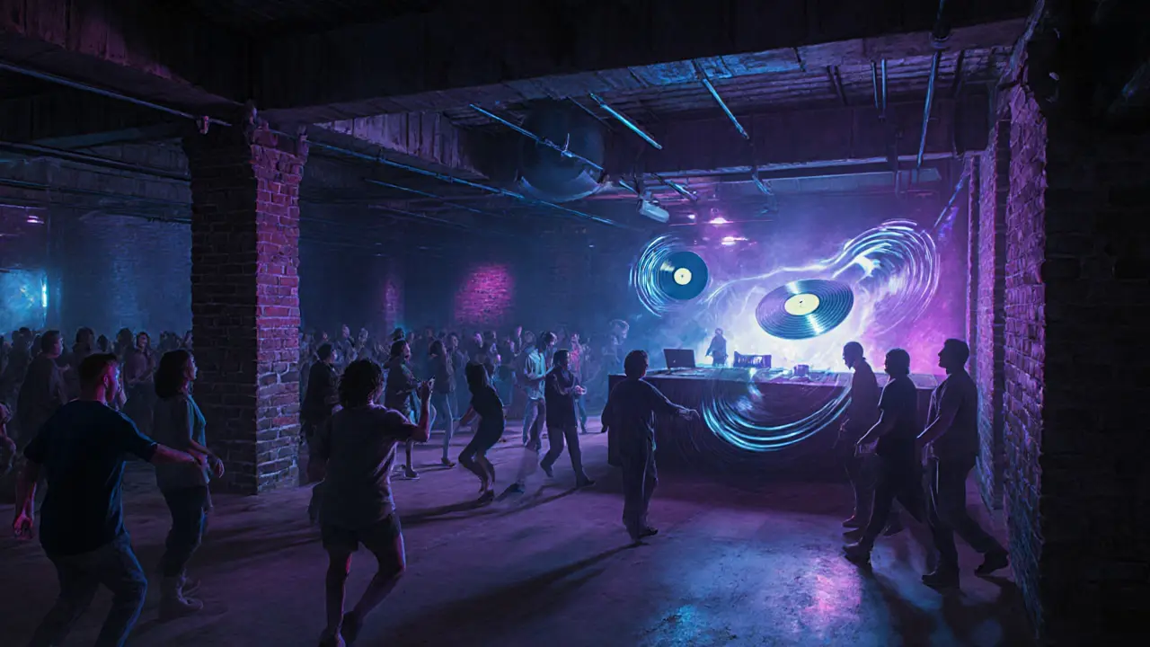 Interior of an underground club with a crowd dancing under colored lights, exposed brick walls and vinyl records visible.