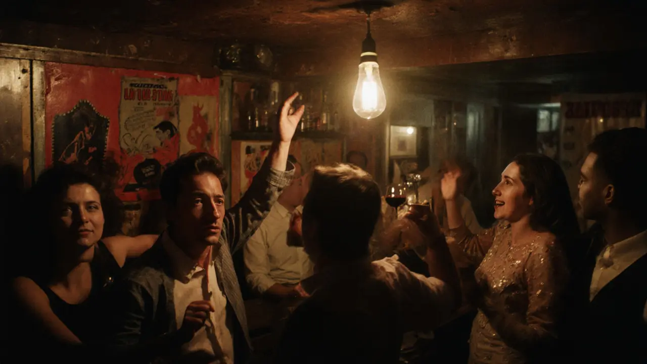 Intimate 3 a.m. dance floor in La Cucina basement with singing patrons and warm vintage lighting.