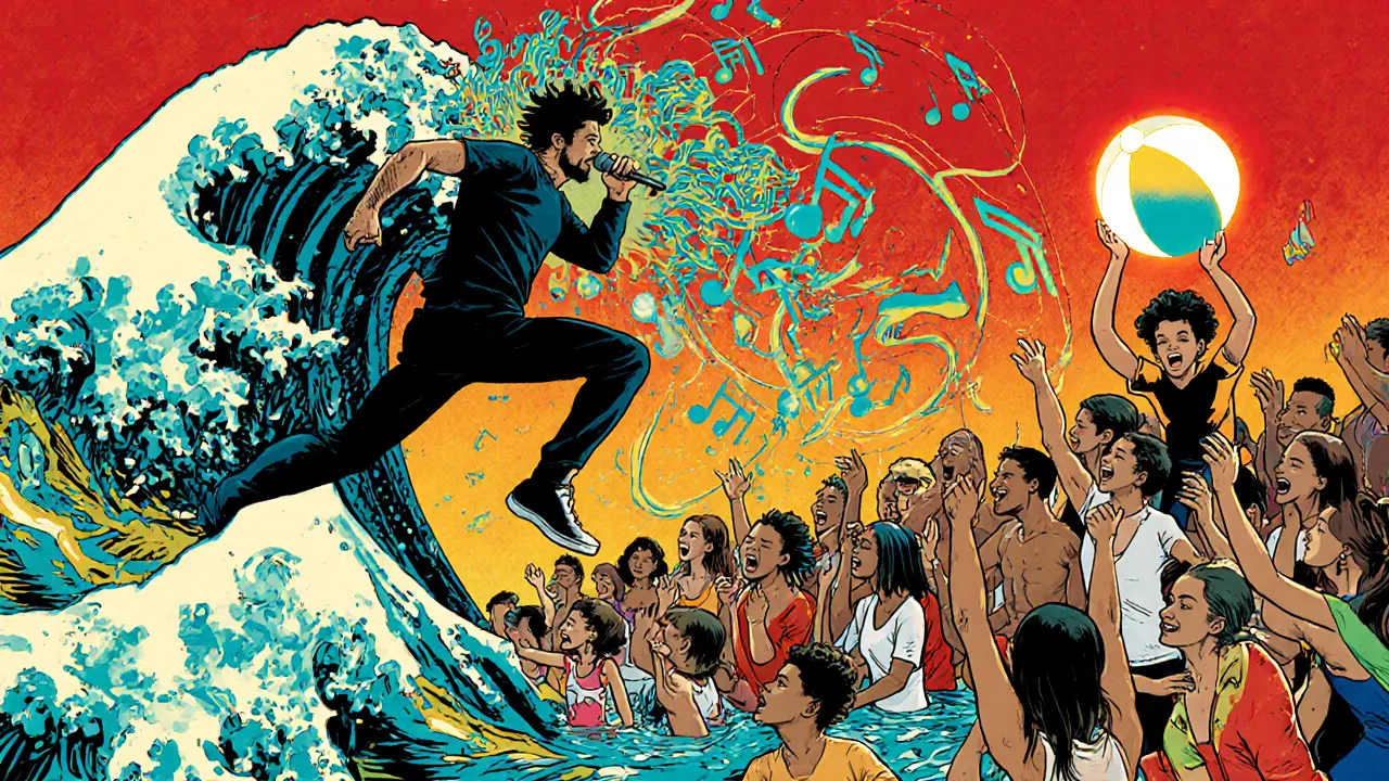 Jovanotti jumps on stage as musical energy lifts the crowd, with diverse fans dancing and swimming under vibrant neon tones.